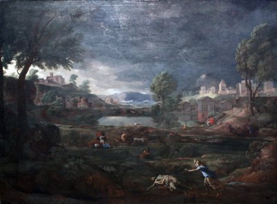 Pyramus ve Thisbe ile Fırtına Sırasında Manzara by Nicolas Poussin
